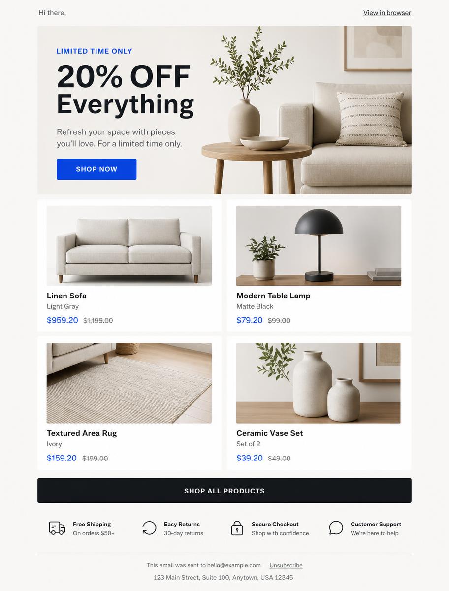 Responsive e-commerce promotional HTML email preview